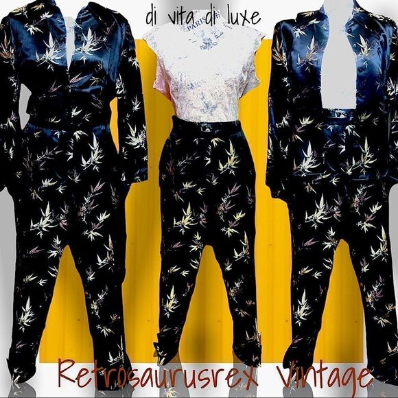 DESIGNER di Vita di luxe Satin Embroidered 2 Piece Crop Suit, Vintage Power Suit - Picture 1 of 8